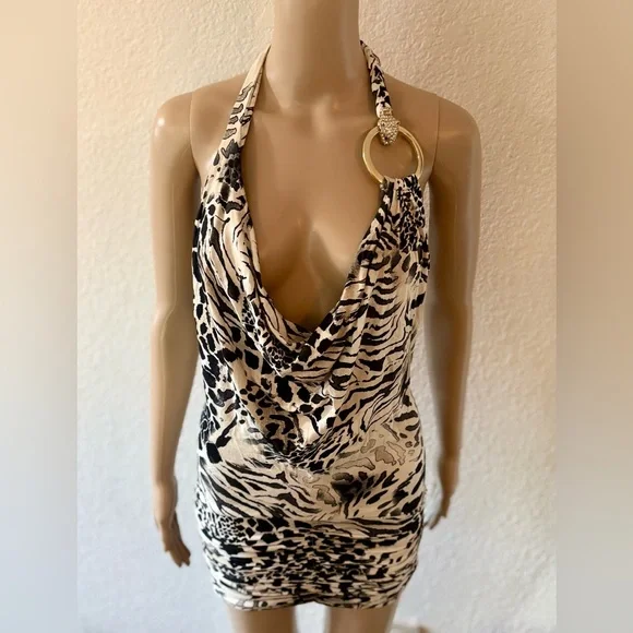 SKY Rare Original Y2K Black and Cream Animal Print Backless Halter Mini Dress - Picture 3 of 9